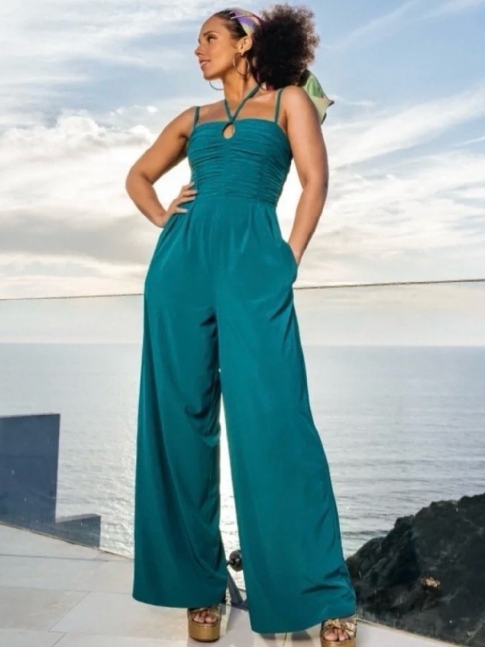Athleta x Alicia Keys Enlighten Jumpsuit Wide Leg Teal Blue Green 4